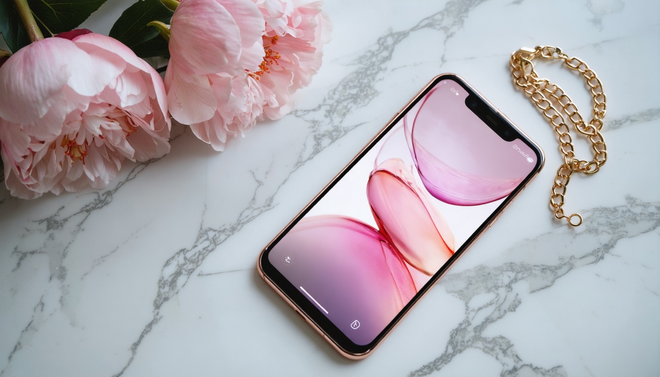 スマホとピンクの花束