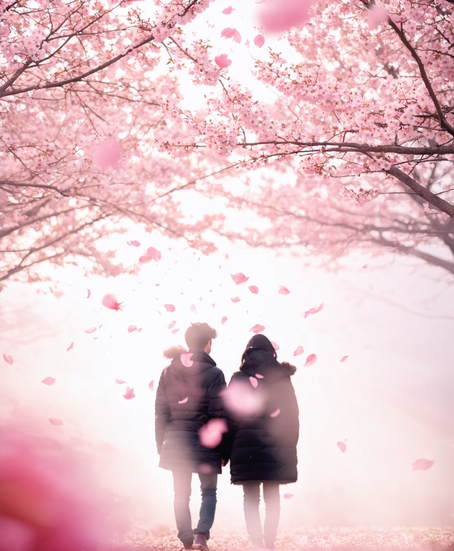 桜並木の二人のシルエット